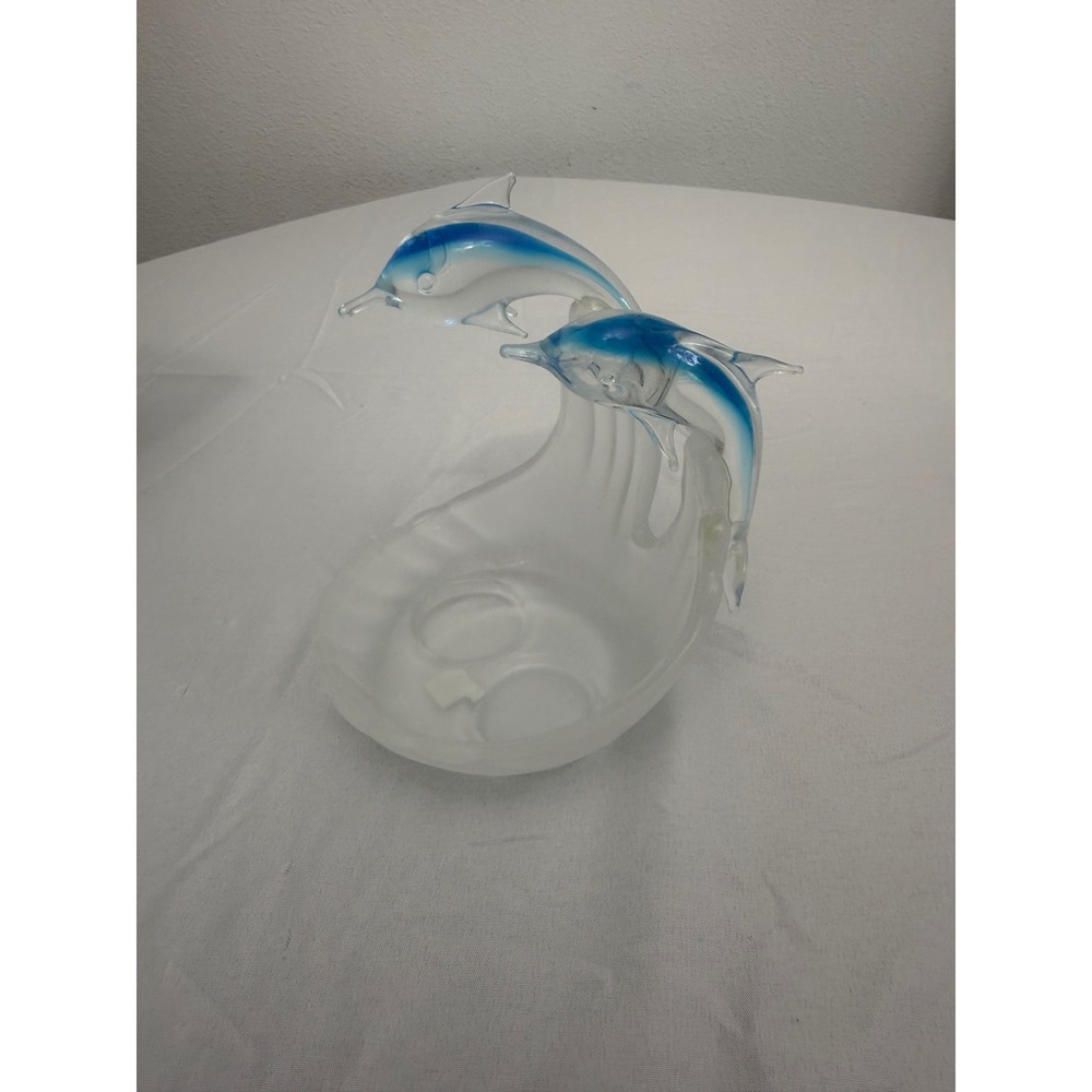 PartyLite Jump For Joy Tealight Holder P8876 Frosted Glass Blue Dolphins Shell